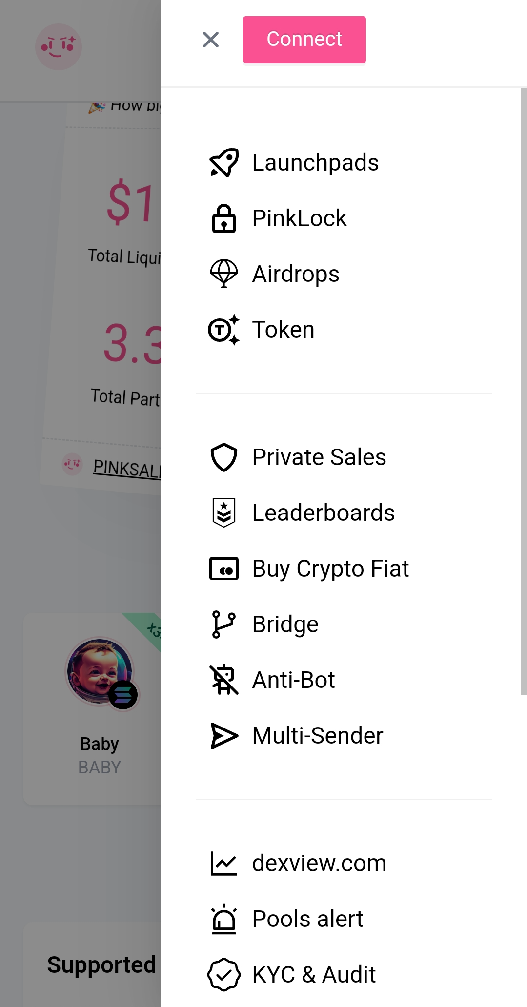 유니스왑 모바일 화면, 메뉴