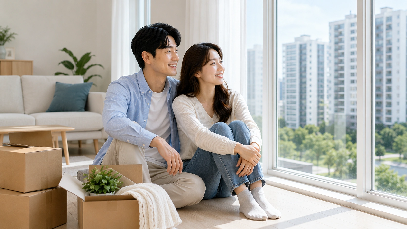새집에서 미래를 바라보는 신혼부부