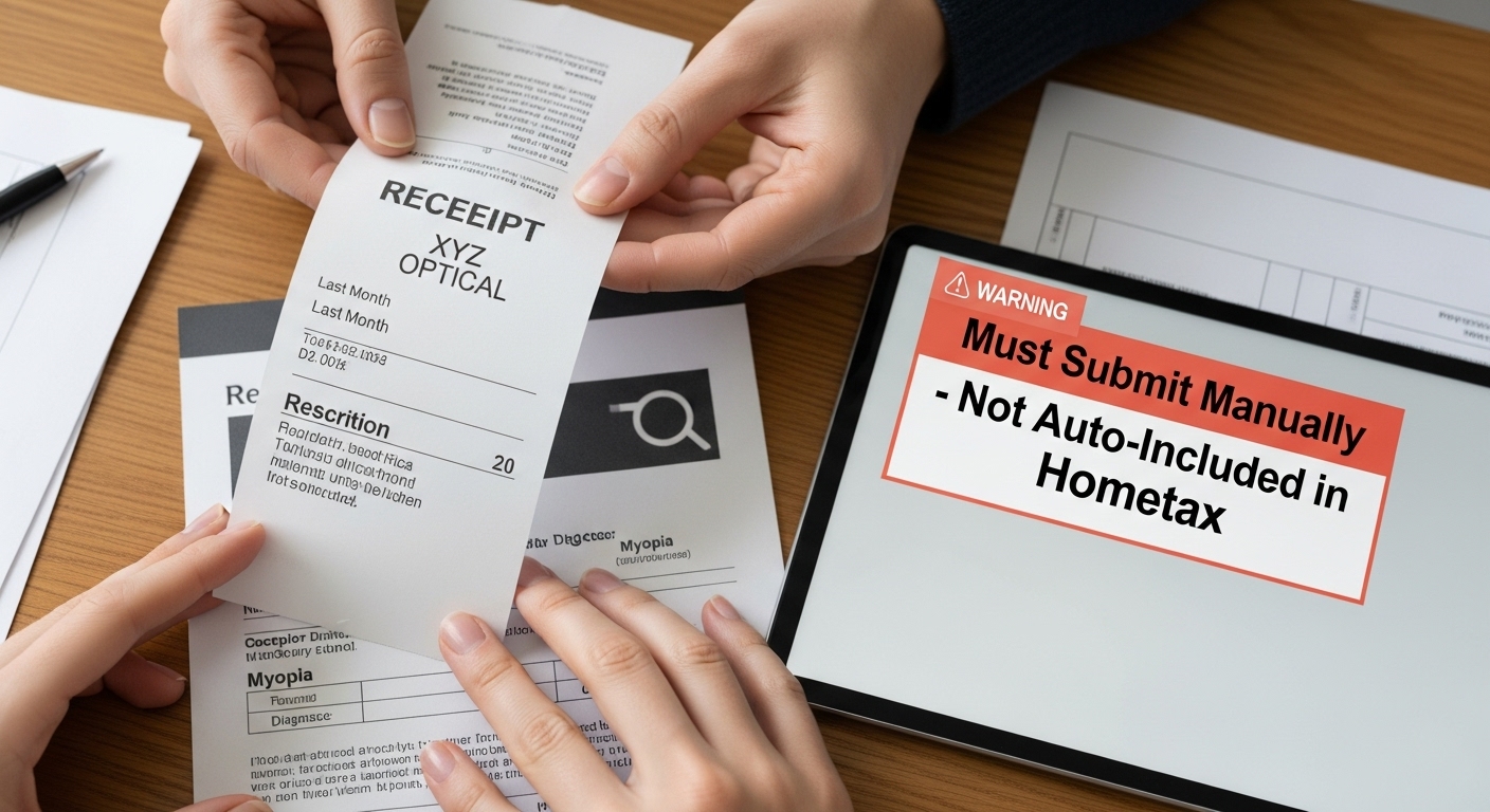 안경 구입 영수증과 처방전을 파일에 정리하는 손. '홈택스 자동제외'라는 경고 문구가 함께 표시됨