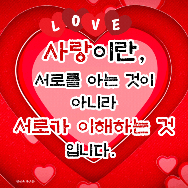 붉은 하트 배경 위에 사랑과 이해를 주제로 한 글귀가 담긴 감성 문구 이미지