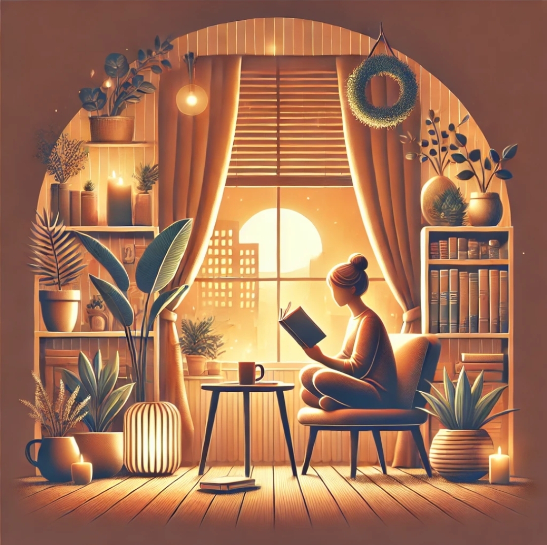아늑한 공간에서 사람이 차를 마시며 책을 읽는 모습, 따뜻한 조명과 식물이 어우러져 편안한 분위기를 연출하며, 휴식과 균형 잡힌 삶을 상징, 번아웃 예방과 마음 챙김의 중요성을 시각적으로 표현한 이미지