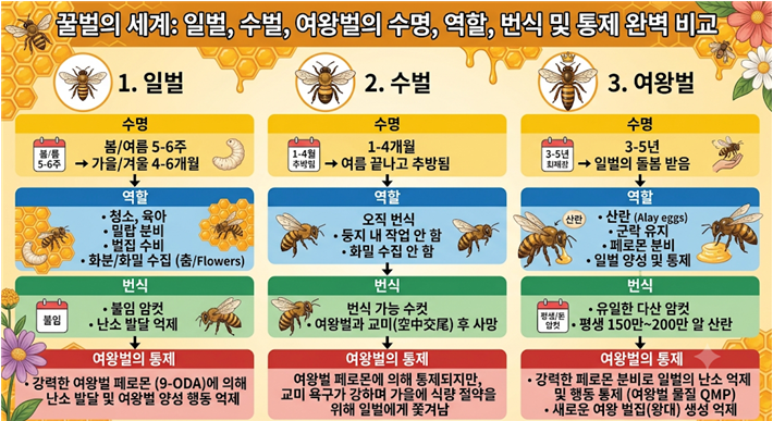 꿀벌 일벌 수명 역할과 수벌 번식 여왕벌 통제 완벽 비교