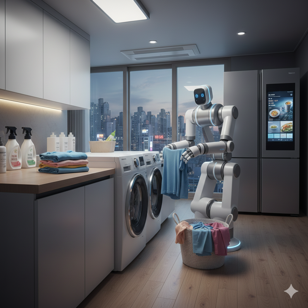 세탁실에서 인간형 로봇이 세탁기 앞에서 옷을 정리하고 있다. 세탁기와 건조기, 세제 등이 보이고, 창밖으로는 도시 전경이 펼쳐져 있다.