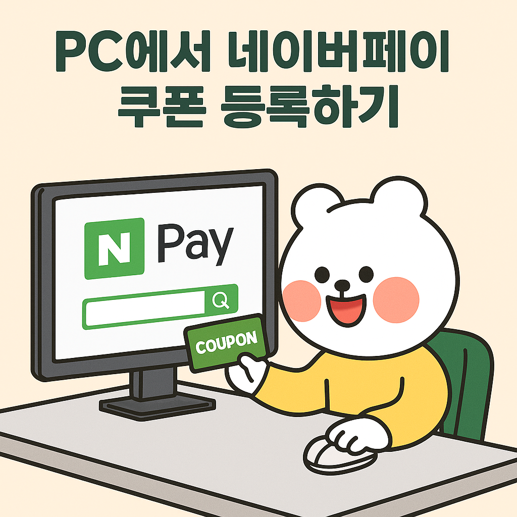 PC에서 네이버페이 쿠폰을 등록하는 장면을 귀엽고 알기 쉽게 표현한 디지털 일러스트 이미지