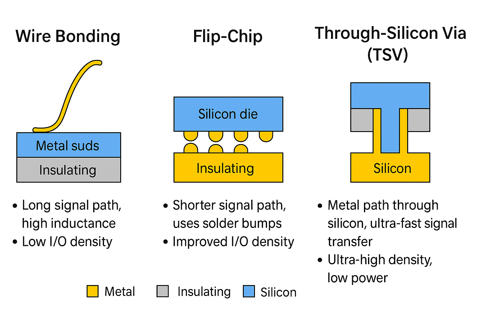 TSV, 플립칩, 와이어 본딩 비교 &ndash; 신호 경로와 I/O 밀도 차이