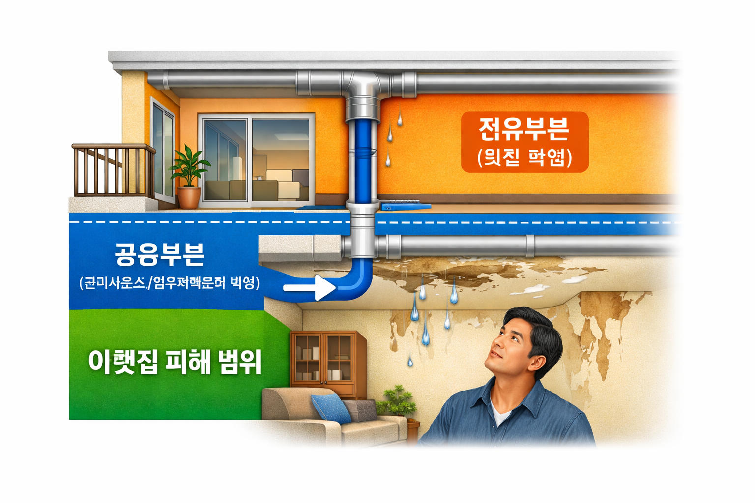 아파트 누수 책임 구역 구분 인포그래픽 - 공용부분(파란색)과 전유부분(주황색) 책임 범위 시각화