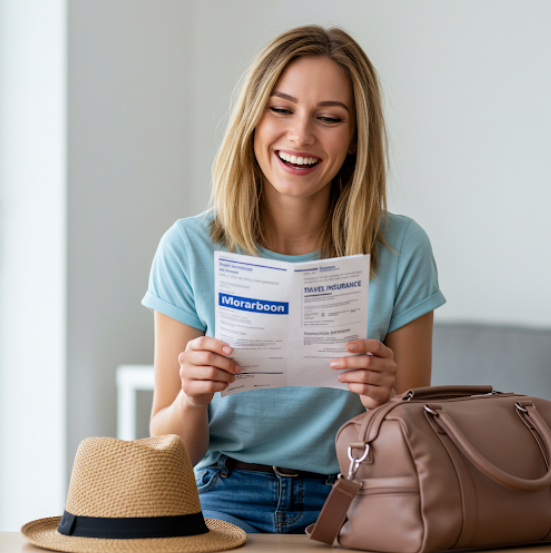 유럽을 여행을 위해 여성이 보험 서류를 보는 모습