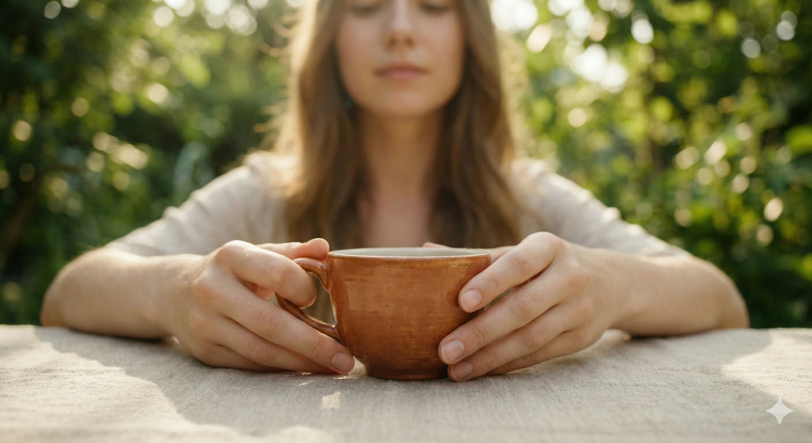 푸른 정원을 배경으로, 따뜻한 찻잔을 두 손으로 감싸 쥐며 온전히 식사 시간에 집중하는 평온한 손길.