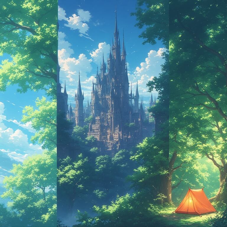 애니메이션 공간(숲, 도시, 집) 일러스트