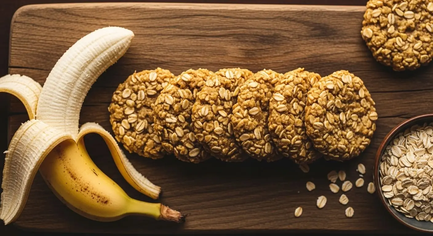 노 오븐으로 만든 바나나 오트 쿠키들이 나무 도마 위에 놓여있다. 아이들 간식이나 건강한 비건 옵션으로 좋은 따뜻하고 소박한 느낌.