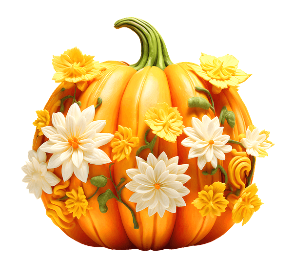 주황색 둥그런 호박에 꽃들이 가득 꽂아있다. 노란꽃, 하얀 꽃들이다.