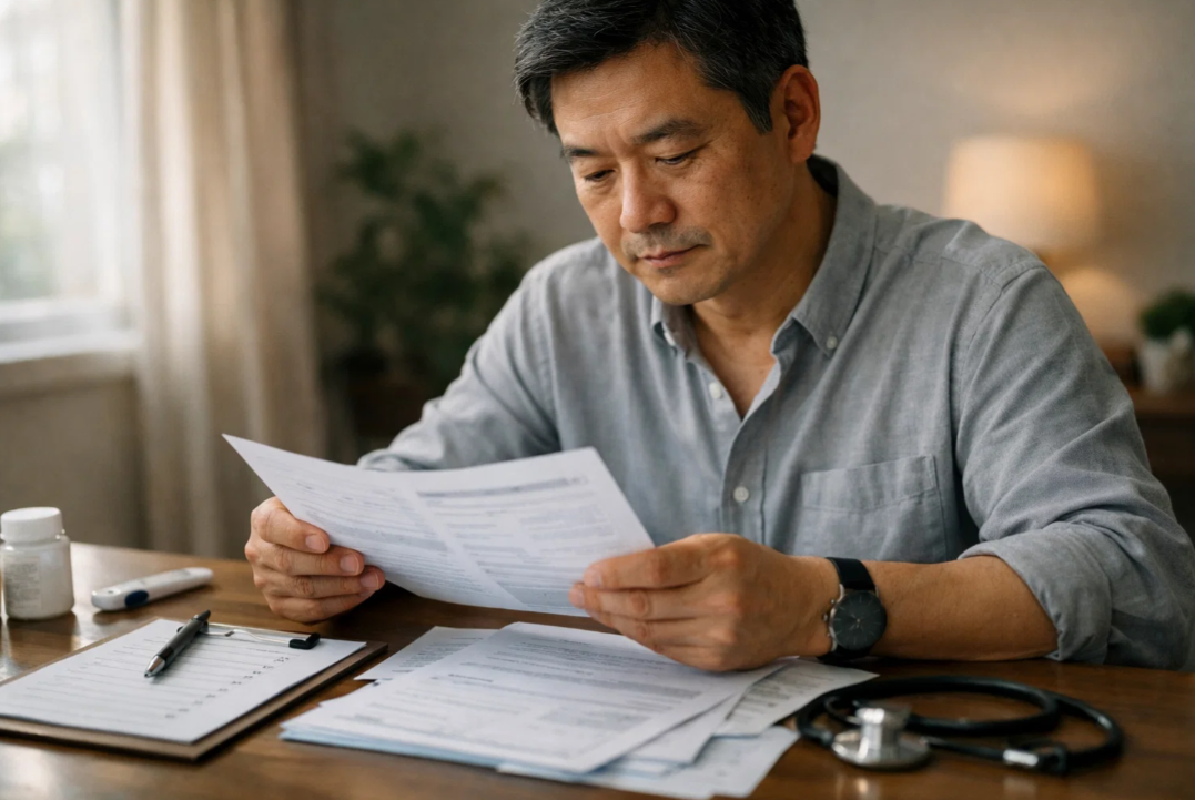지방간 검사 결과지와 의료 서류를 확인하며 검사비와 보험 적용 여부를 판단하는 중년 남성의 모습