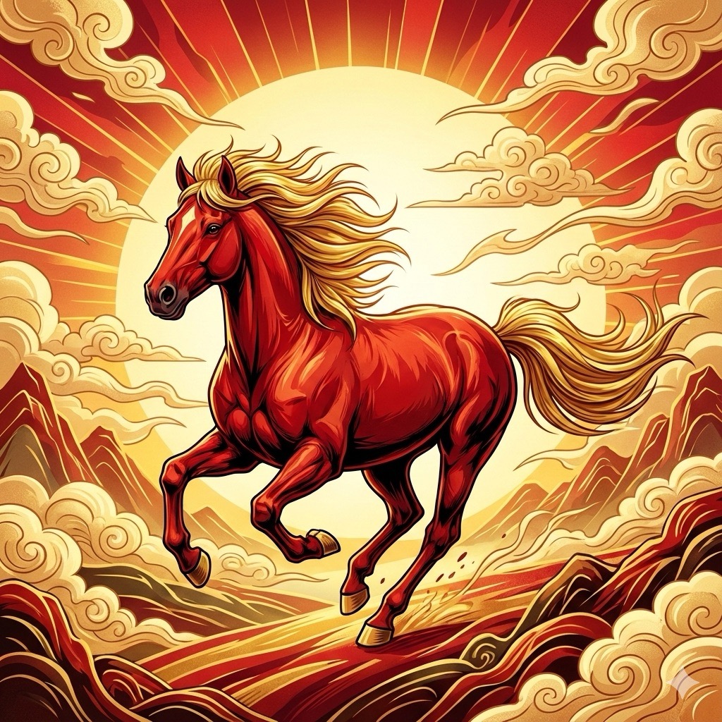 2026년 병오년 붉은 말의 해를 상징하는 역동적인 말 일러스트와 일출