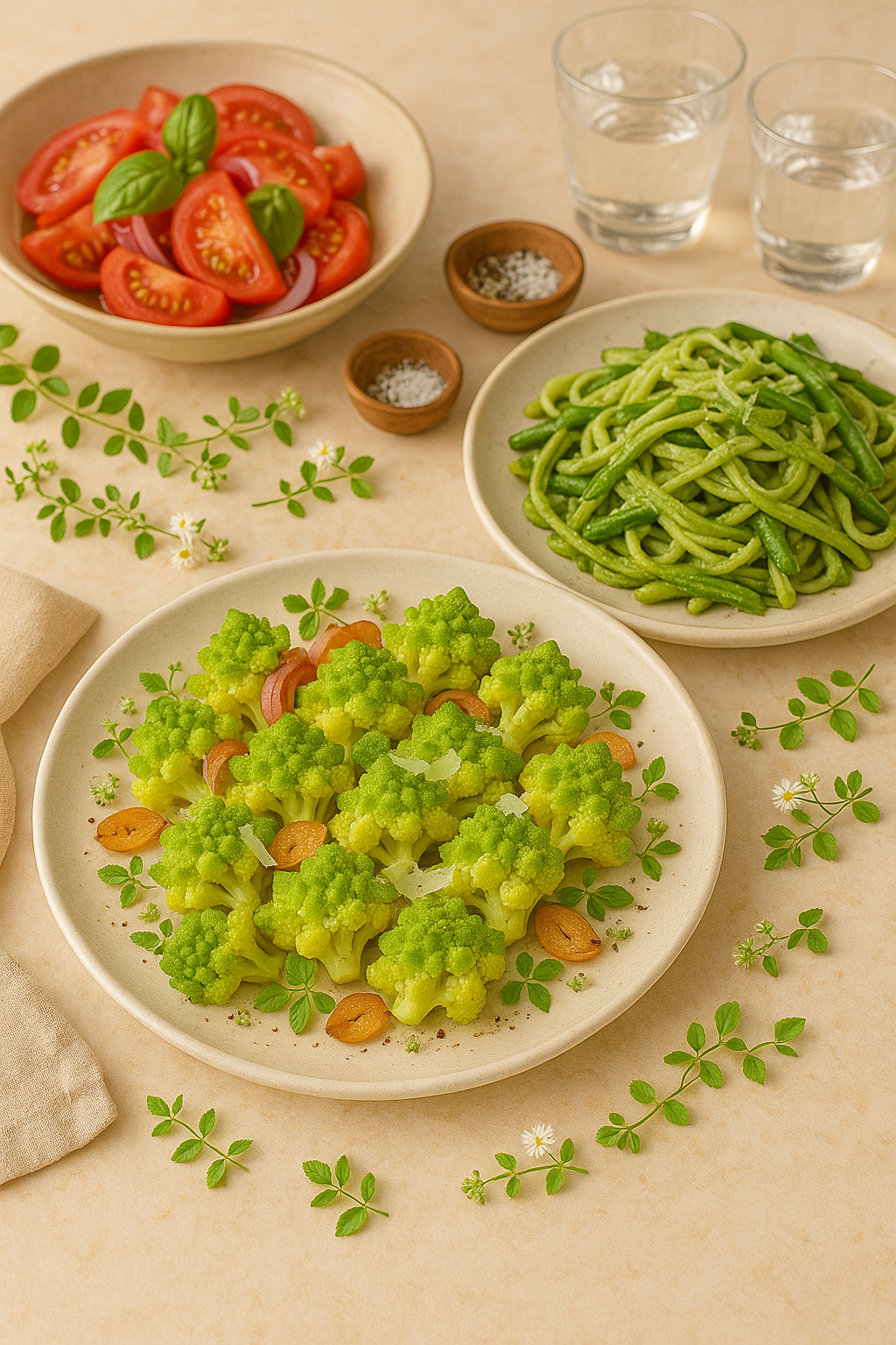 "피부 재생에 좋은 여름 채소 요리 3종 – 로마넥스 오븐구이, 오이 요거트 스무디, 루꼴라 해독 샐러드가 흰 접시에 담겨 식탁 위에 놓여 있는 모습. 건강하고 싱그러운 여름 요리를 한눈에 보여주는 구성"