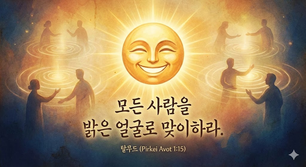 환하게 웃는 황금빛 태양 얼굴. 따뜻한 황금색과 깊은 푸른색의 그러데이션 질감. 서로 교감하는 사람들의 실루엣. 인물들 중심에서 퍼져나가는 빛의 파동.
