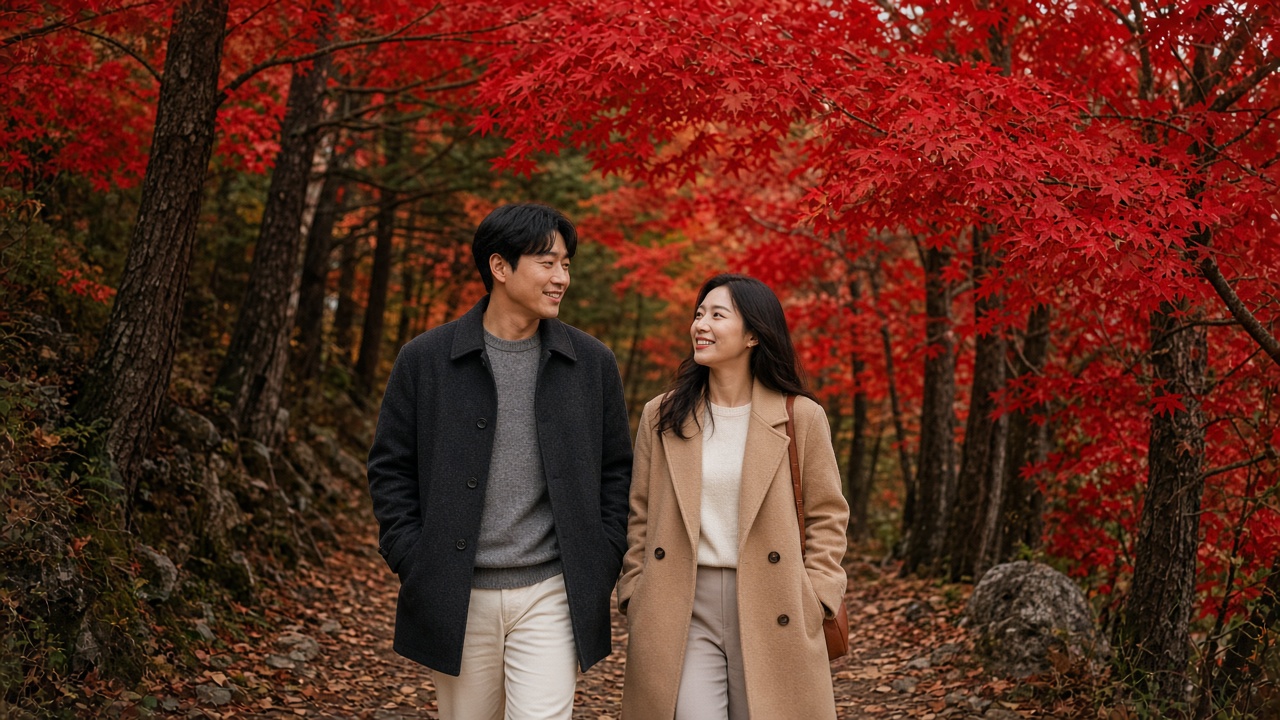 붉게 물든 단풍 숲길을 걷는 30대 한국인 커플