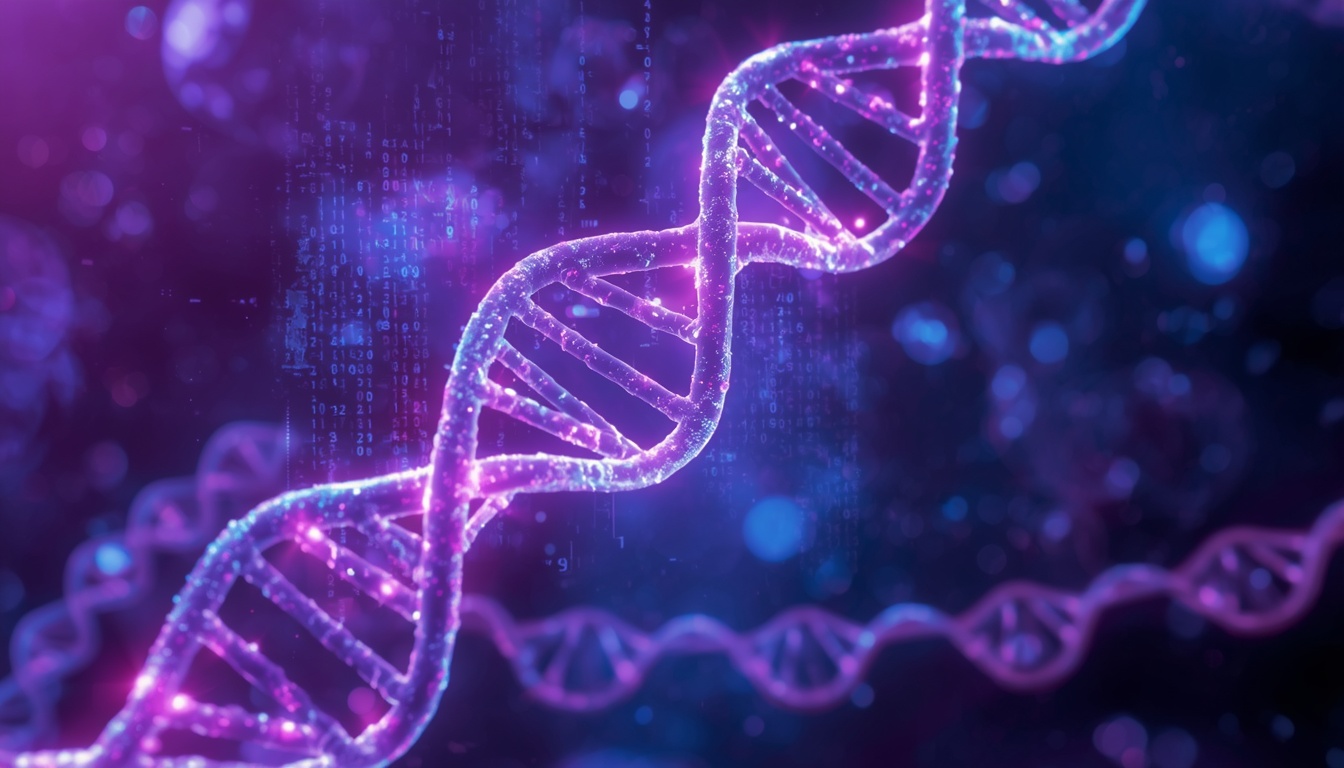 Glowing DNA double helix strand undergoing a digital epigenetic software update in a lab.