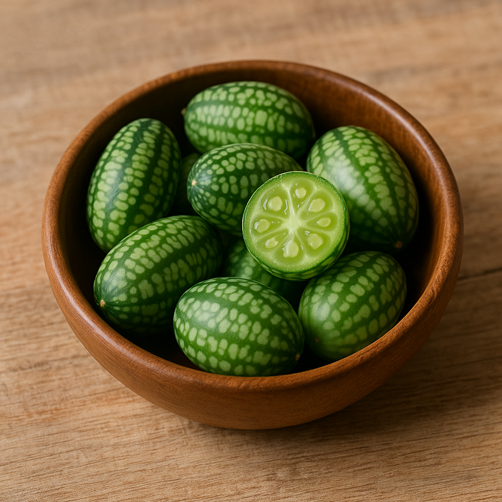 "나무 그릇에 담긴 키쿠멜론. 수박처럼 생긴 작은 열매들과 가운데 반으로 잘린 키쿠멜론 단면이 중심에 보이며, 부드러운 자연광이 전체 분위기를 따뜻하게 비춰줌."