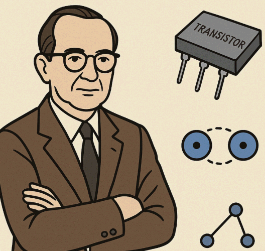존 바딘 일러스트. 왼쪽에는 팔짱을 낀 안경 쓴 존 바딘이 있고, 오른쪽 위에는 트랜지스터 칩, 아래에는 쿠퍼쌍을 상징하는 두 전자와 결합 구조가 배치되어 있다.