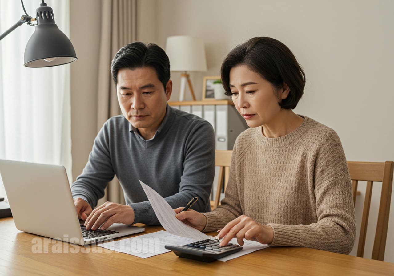 실손보험 청구 서류를 검토하는 한국 중년 부부 모습