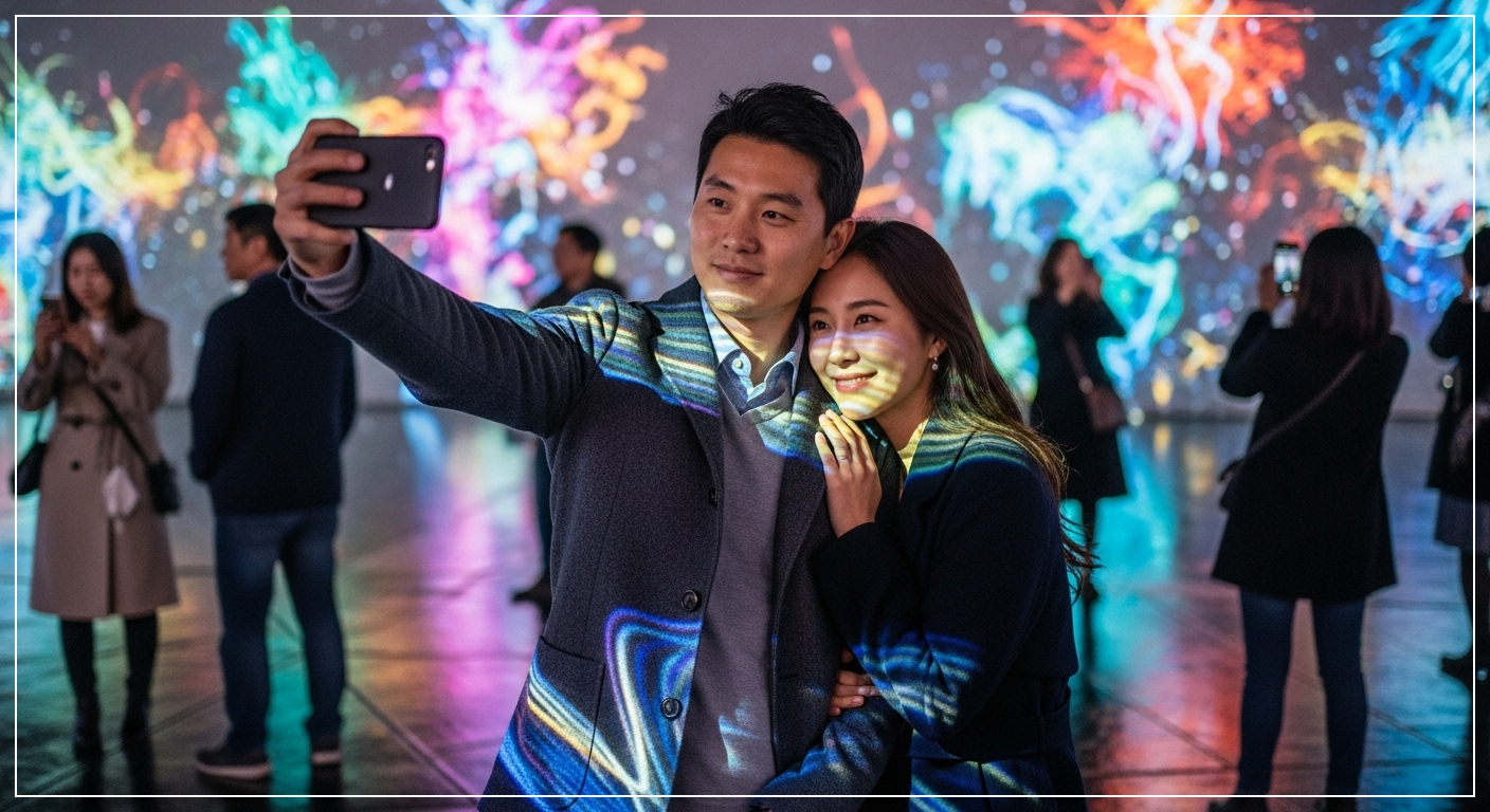 “성수동 미디어아트 속에서 방문객이 조명 아래 사진을 찍는 감성 데이트 장면”