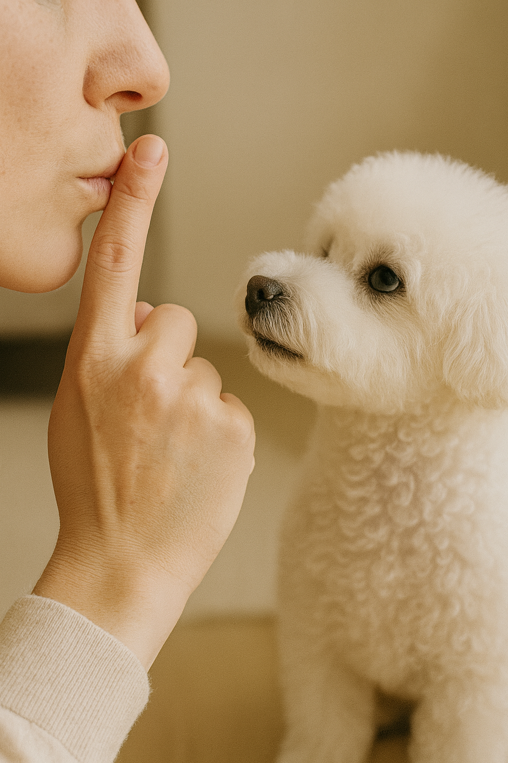 보호자의 검지를 입술에 대는 &lsquo;조용&rsquo; 손 신호

강아지가 짖지 않고 차분히 집중하는 모습