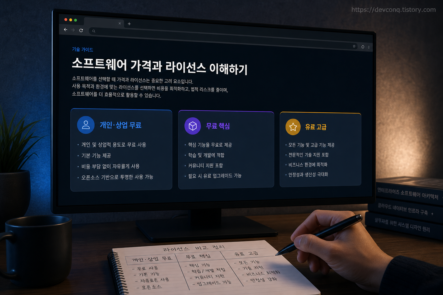 VS Code와 IntelliJ IDEA의 무료 상업 이용 범위와 유료 기능 경계를 보여주는 화면