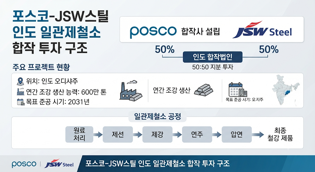 포스코와 JSW스틸의 50대50 인도 일관제철소 합작 구조를 보여주는 인포그래픽