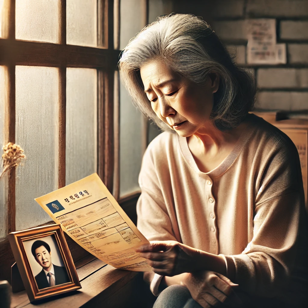 70대 여성이 남편의 유족연금서류를 확인하고있다.