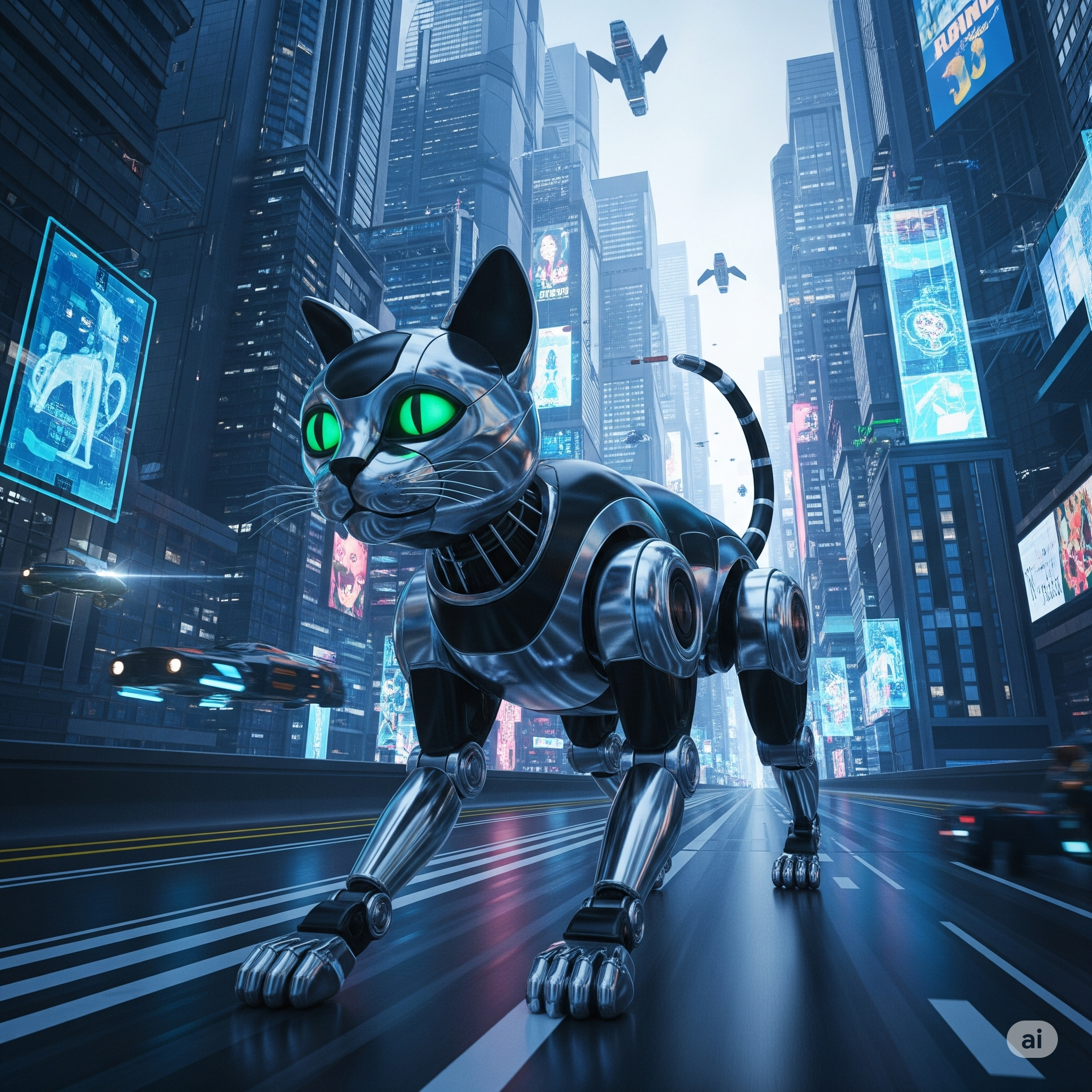 "미래 도시의 고양이 로봇 그림 그려줘"로 나온 그림