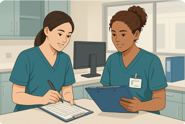 간호사 두명이 병동 스테이션에서 인계 중인 모습