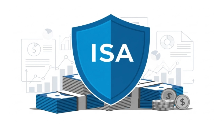 금융소득 종합과세로부터 자산을 보호하는 ISA 계좌를 상징하는 방패와 돈다발 일러스트
