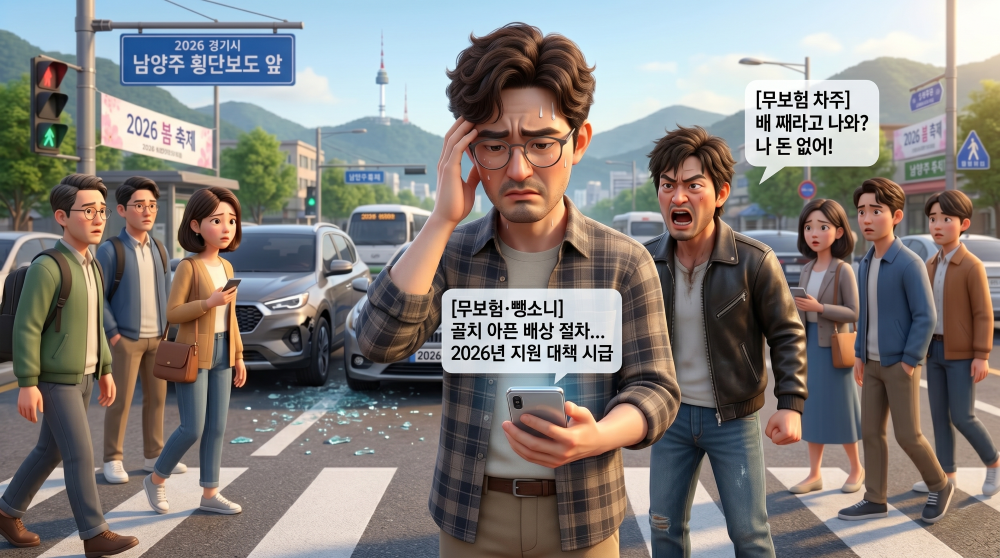 무보험차 사고에 당황스러운 상황을 재현한 캐릭터 이미지