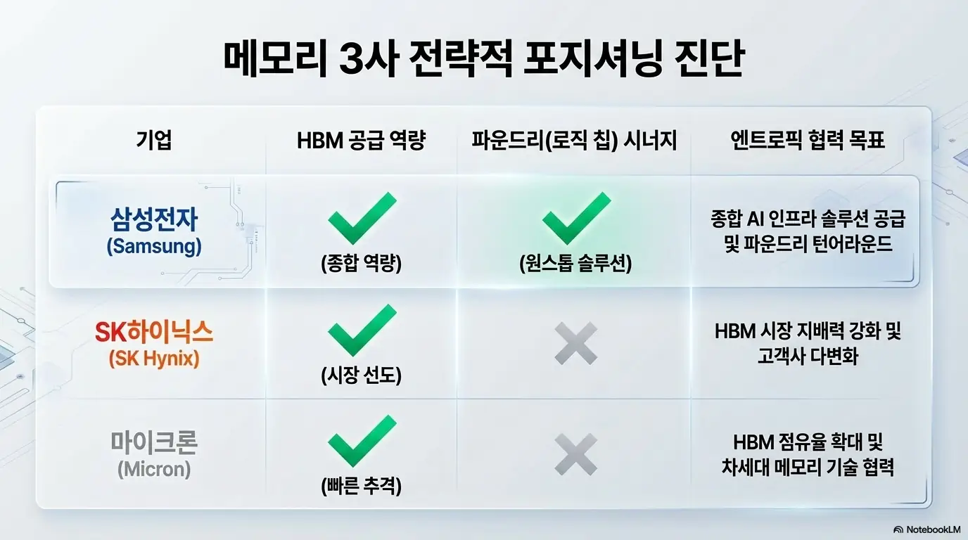 엔트로픽 투자 삼성전자 SK하이닉스: &amp;#39;메모리 3사 전략적 포지셔닝 진단&amp;#39;이라는 제목으로 삼성전자&middot;SK하이닉스&middot;마이크론의 HBM 공급 역량&amp;#44; 파운드리 시너지&amp;#44; 엔트로픽 협력 목표를 표로 비교한 이미지. 세 회사의 사업 구조 차이를 시각적으로 전달하며&amp;#44; 블로그의 메모리 3사 비교와 관련된 내용을 설명함