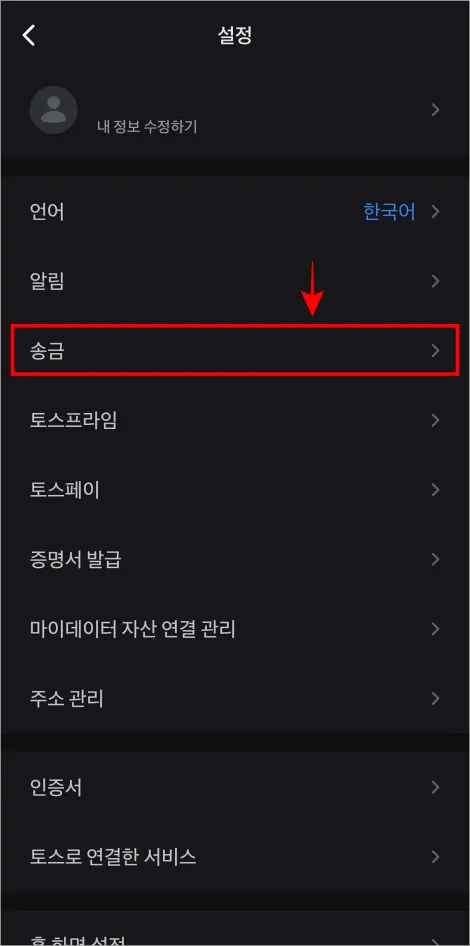 설정 중 송금을 선택