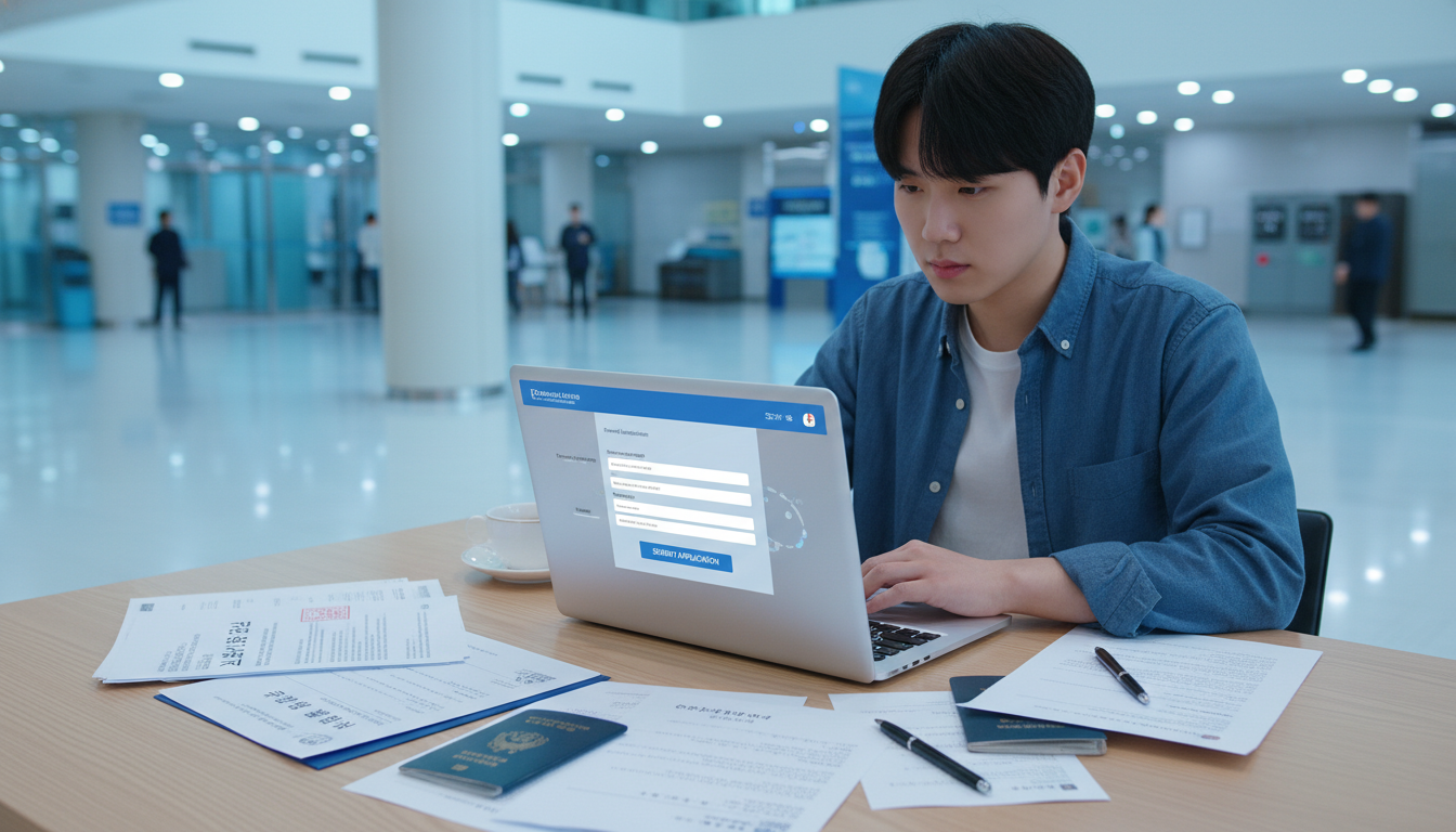 청년이 노트북으로 2026년 청년신체건강증진 바우처 온라인 신청서를 작성하고 필요한 서류들을 준비하는 모습.