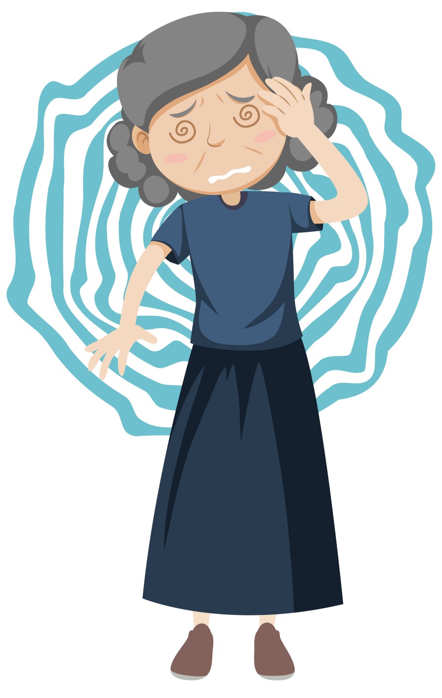 어지럼증으로 머리를 짚고 있는 중년 여성 일러스트, 갱년기 증상 표현