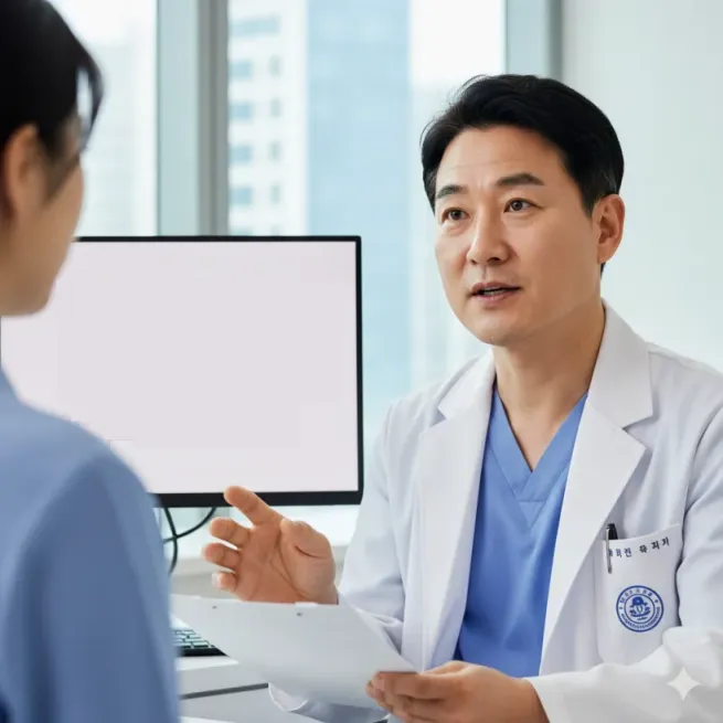 알부민 주사제 오용 주의점에 대해 환자에게 설명하는 친절한 의사