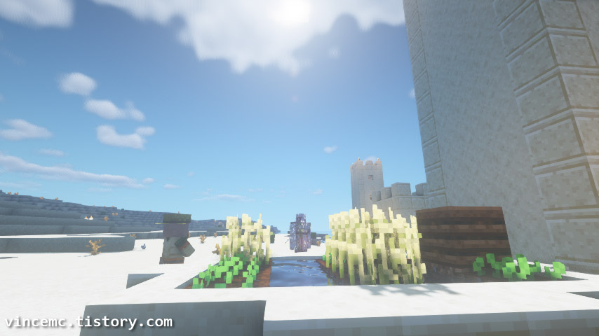 마인크래프트 쉐이더팩이 적용된 상태의 낮 사진