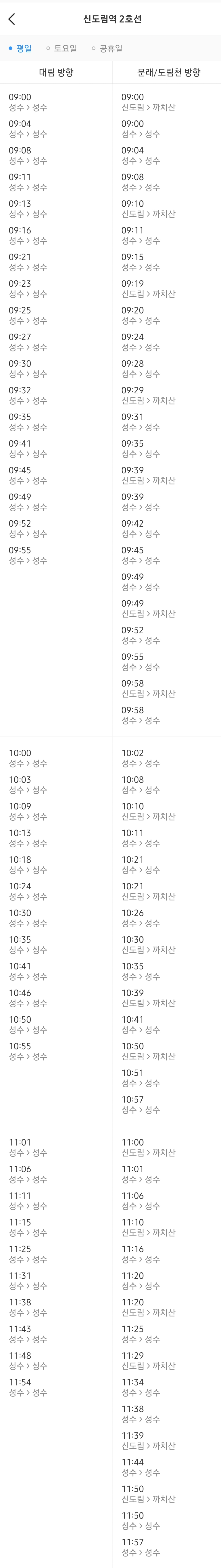 지하철 2호선 신도림역 평일 아침 열차시간표(09:00-12:00)