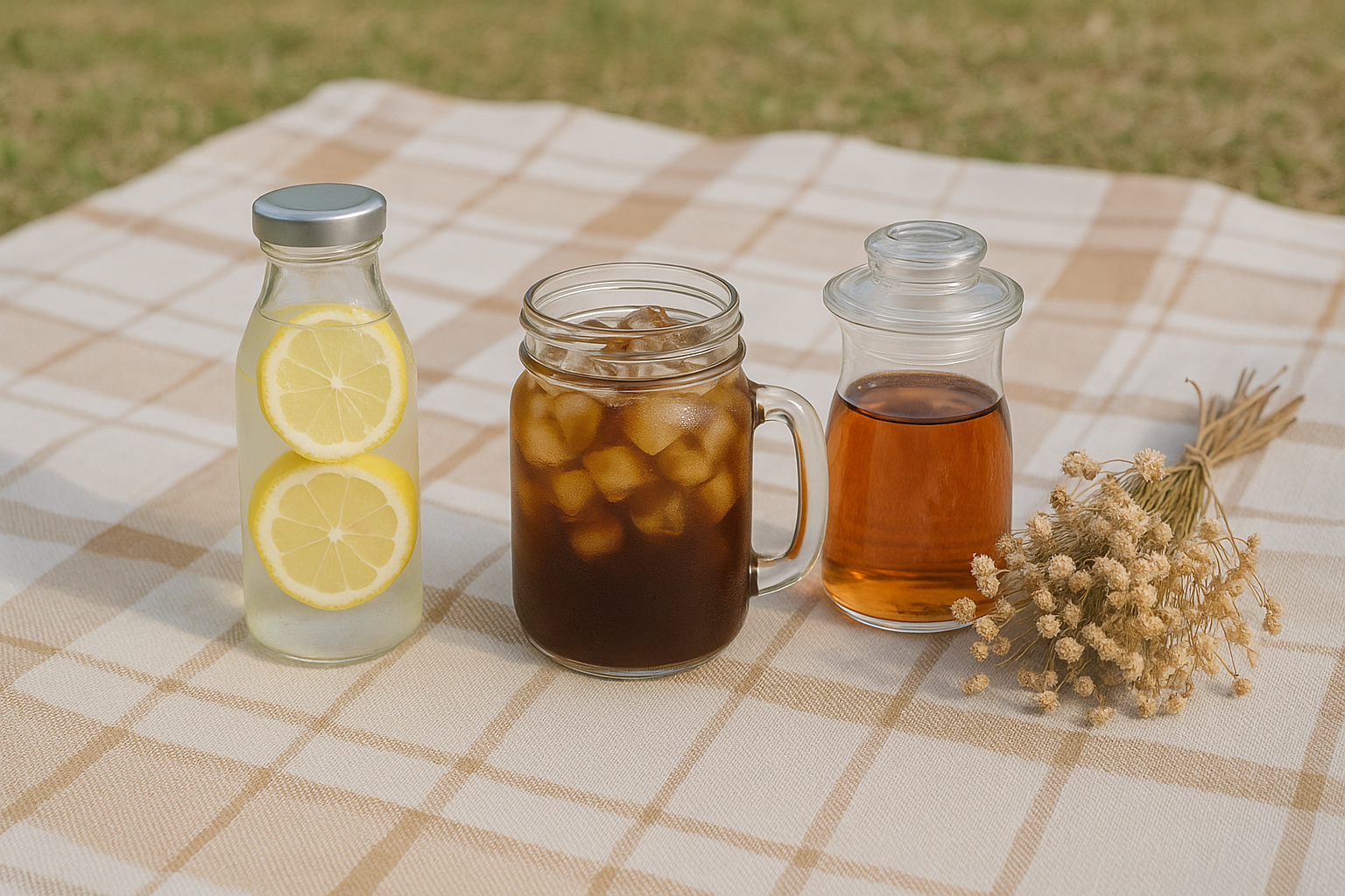 유리병에 각종 음료 사진