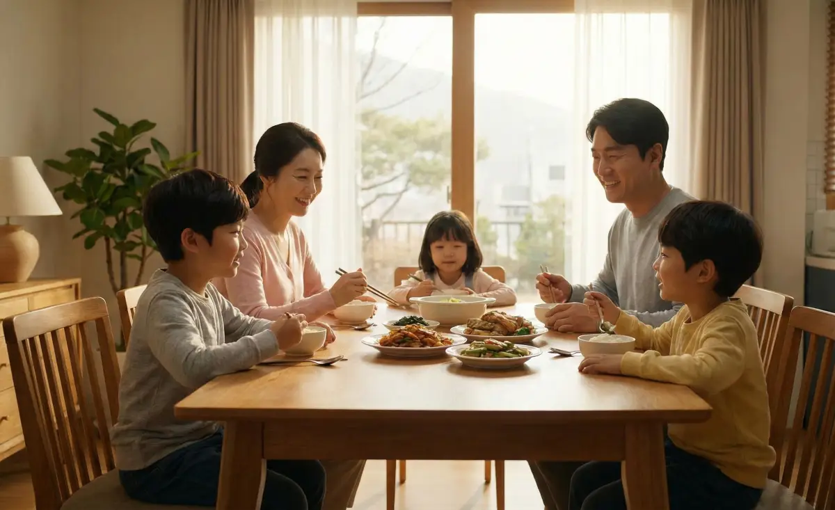 온 가족이 함께 식사하며 행복한 시간을 보내는 모습