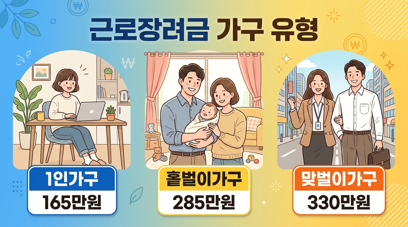 근로장려금 가구 유형별 지급액 단독 165만원 홑벌이 285만원 맞벌이 330만원 비교