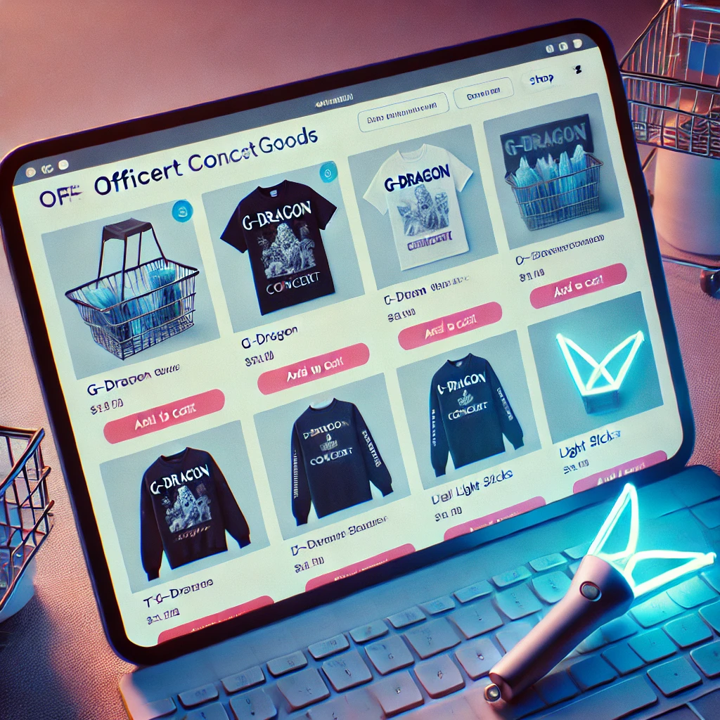 "YG 공식 스토어에서 지드래곤 콘서트 굿즈를 온라인으로 구매하는 화면