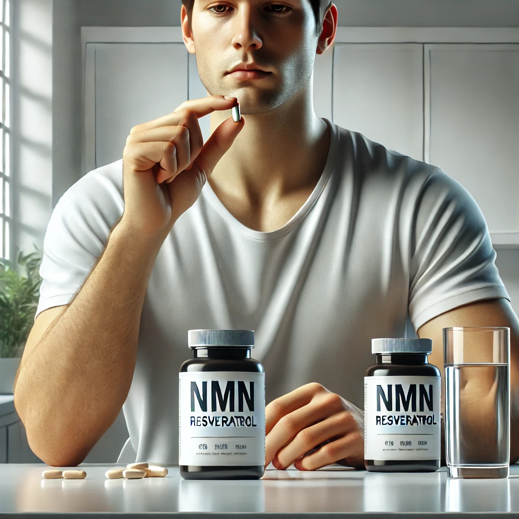 NMN과 레스베라트롤 보충제를 복용하는 장면