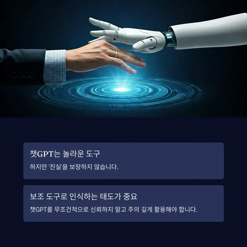 인간과 AI 협력 개념도: 인간과 로봇이 손을 맞잡고 있는 이미지로 챗GPT를 신중하게 활용해야 함을 상징