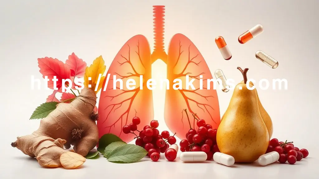 중앙에 건강하게 빛나는 인간 폐의 실루엣. 폐 주변을 신선한 생강, 도라지 뿌리, 탐스러운 배, 붉은 오미자 열매가 조화롭게 배치되어 있는 이미지.