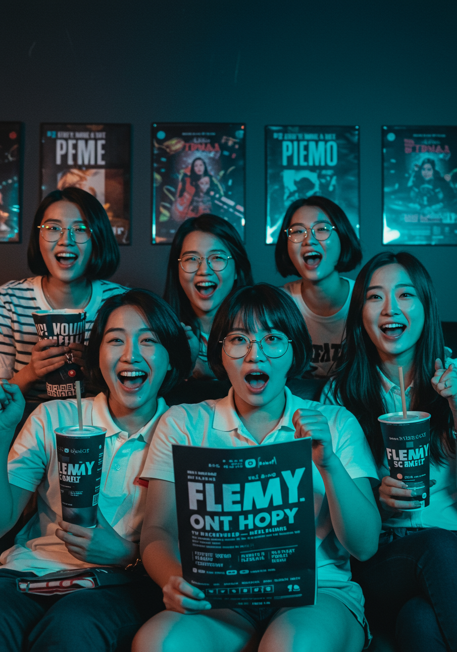 MZ여대생 여섯명이 영화관에서 영화를 보면서 기쁘면서 놀라운 표정을 짓고 있으며 손에는 음료수와 영화 관련 브뤄셔를 들고 있는 이미지