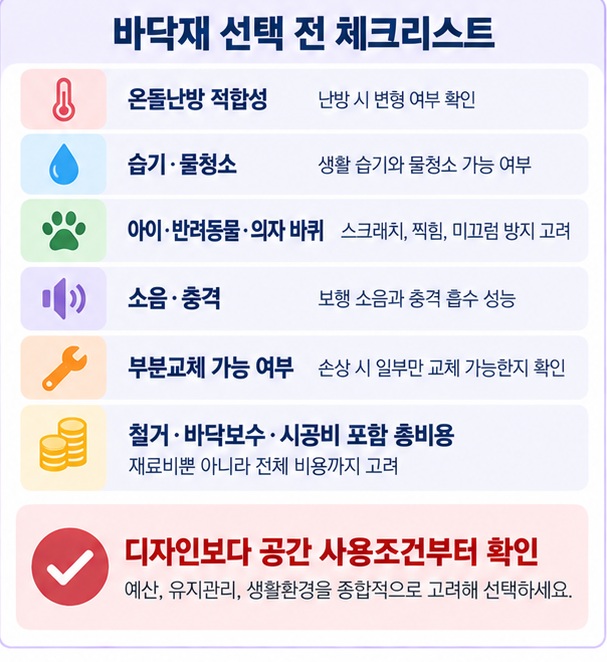 거실 사무실 아파트 바닥재 선택 전 난방, 습기, 소음, 내구성, 부분교체 가능성을 확인하는 체크리스트 이미지