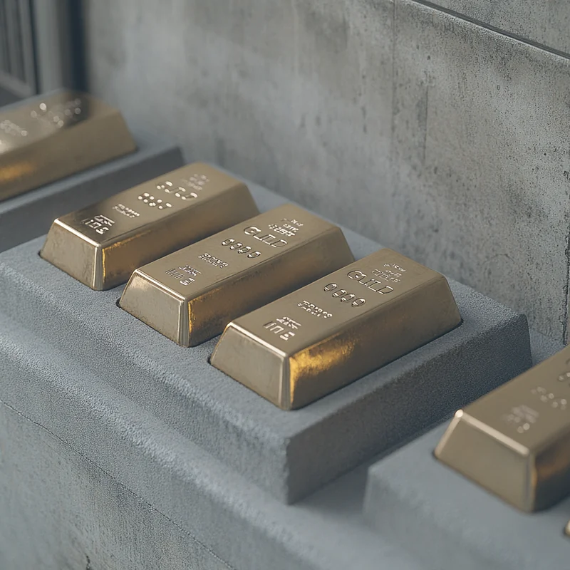 고전적인 금고 속 인플레이션 헤지 자산으로 제시된 금괴. 안정성과 신뢰감을 주는 따뜻한 조명 속에서의 표현.